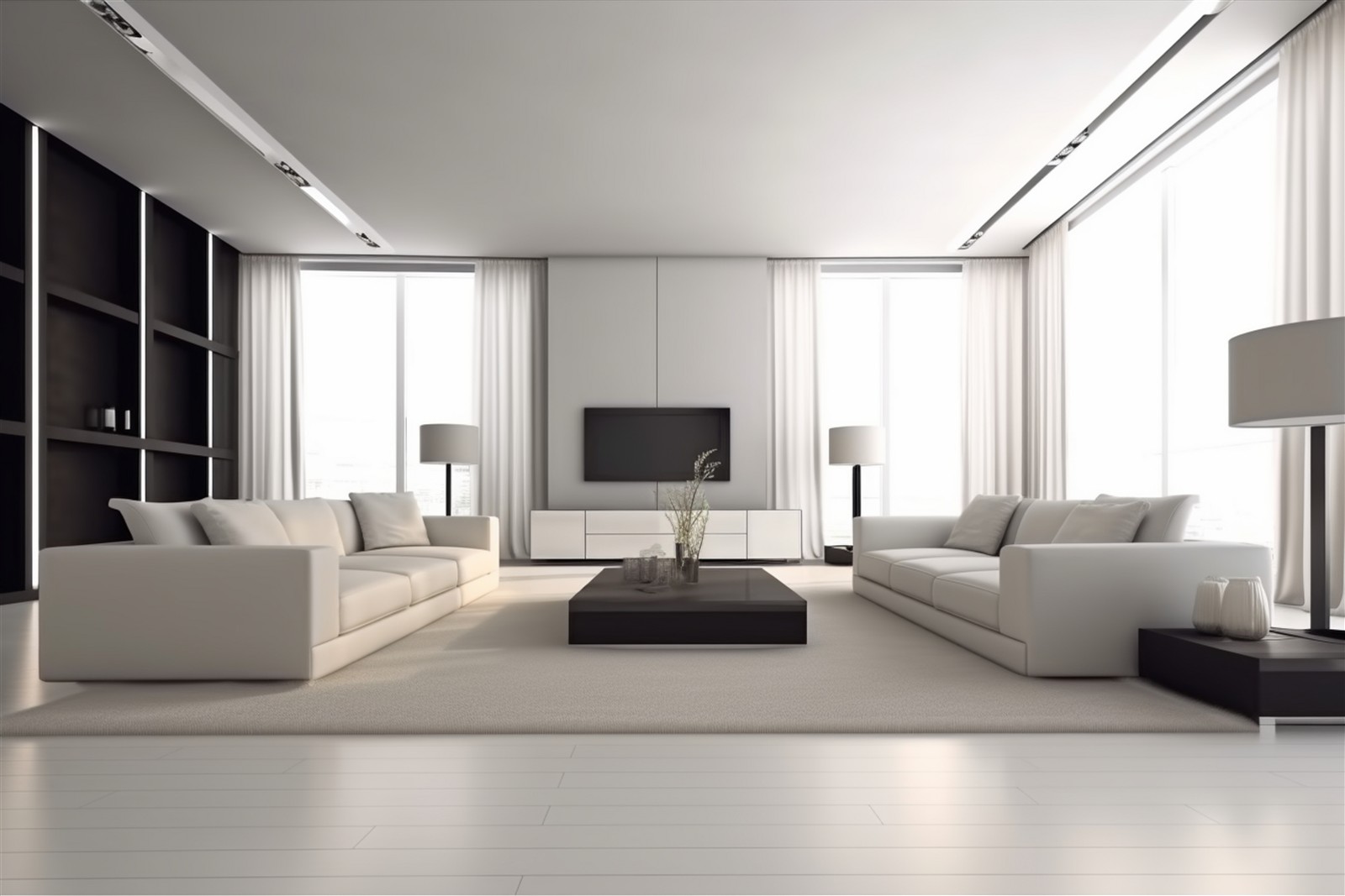 Phòng khách sáng với sofa trắng và bàn trà