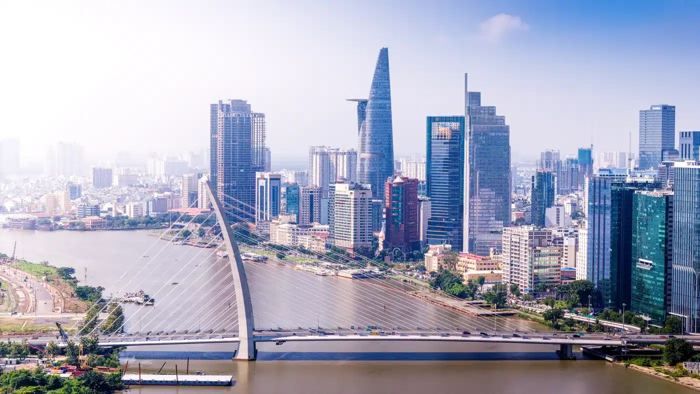 Aerial view of Ho Chi Minh City with the Ba Son bridge and the Saigon River in the morning