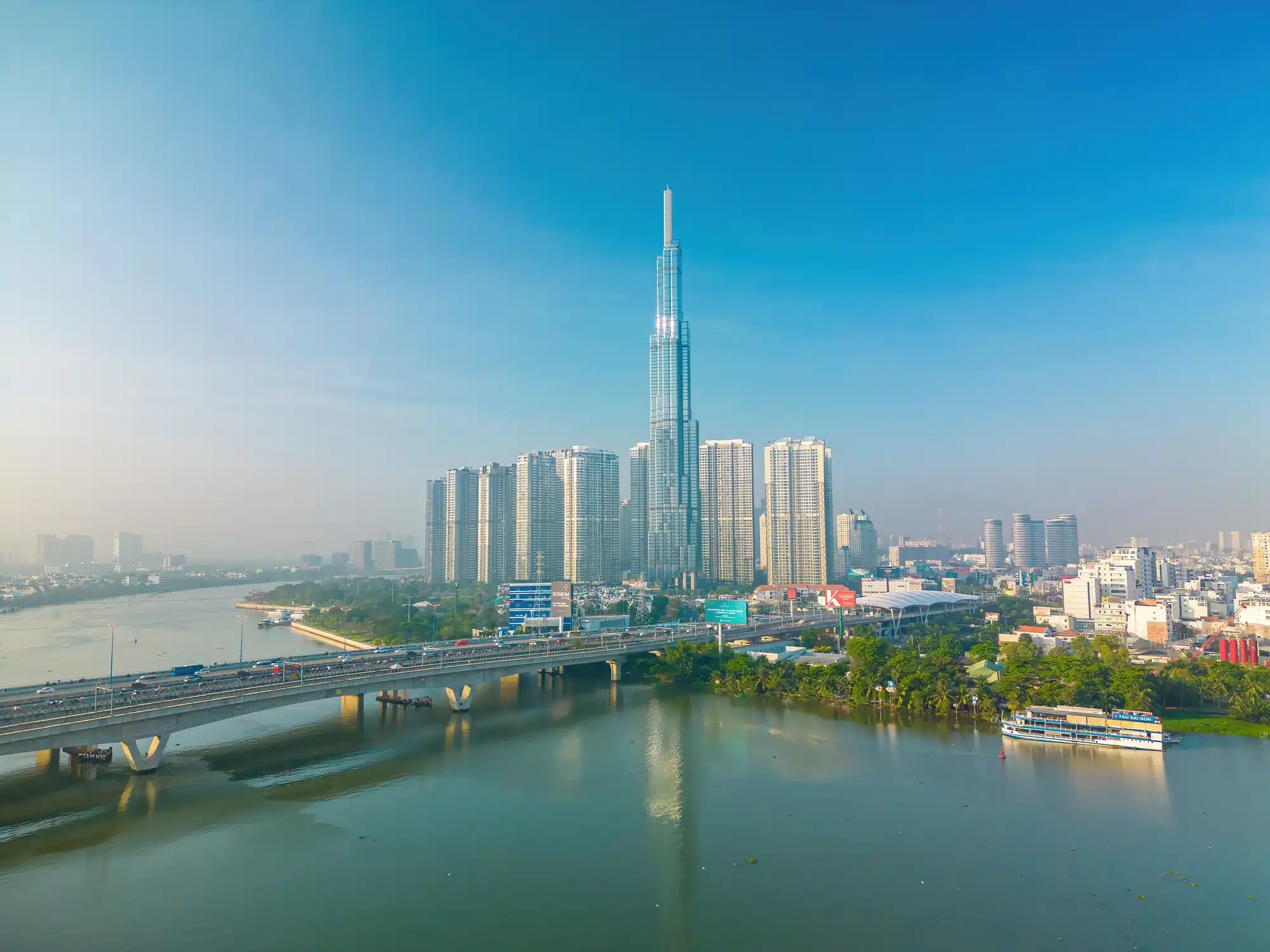 Landmark 81 and the Saigon River at sunrise, Ho Chi Minh City